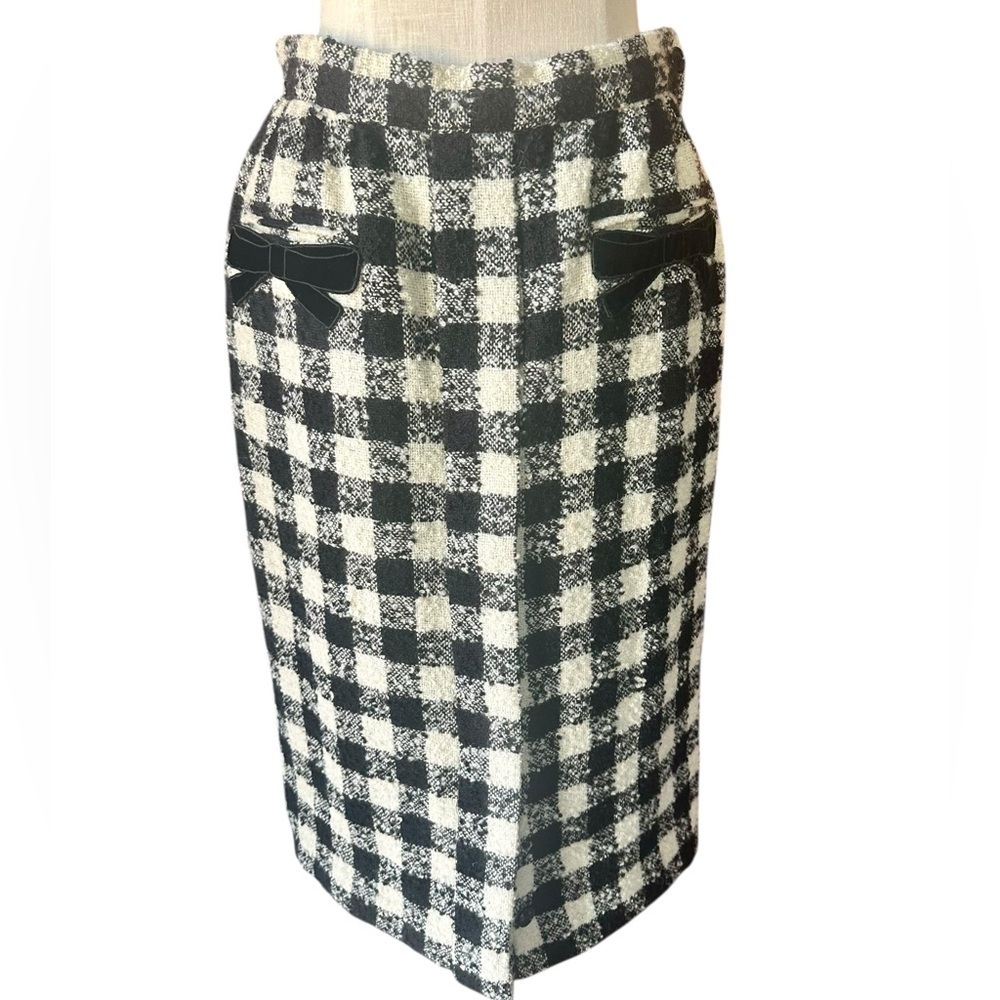 Valentino Boutique Wool Tweed Check Pencil Skirt Velvet Bow Detail Made Italy - Picture 7 of 12